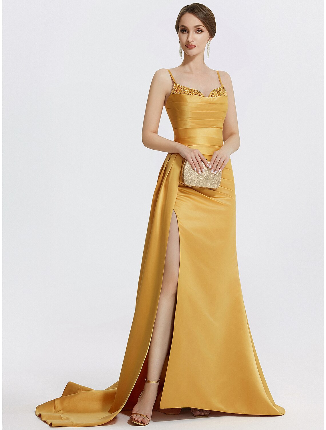 Abito da sera a trapezio, scintillante, da sposa, da ballo, con strascico a ruota, senza maniche, con spalline sottili, in raso con strass e arricciato