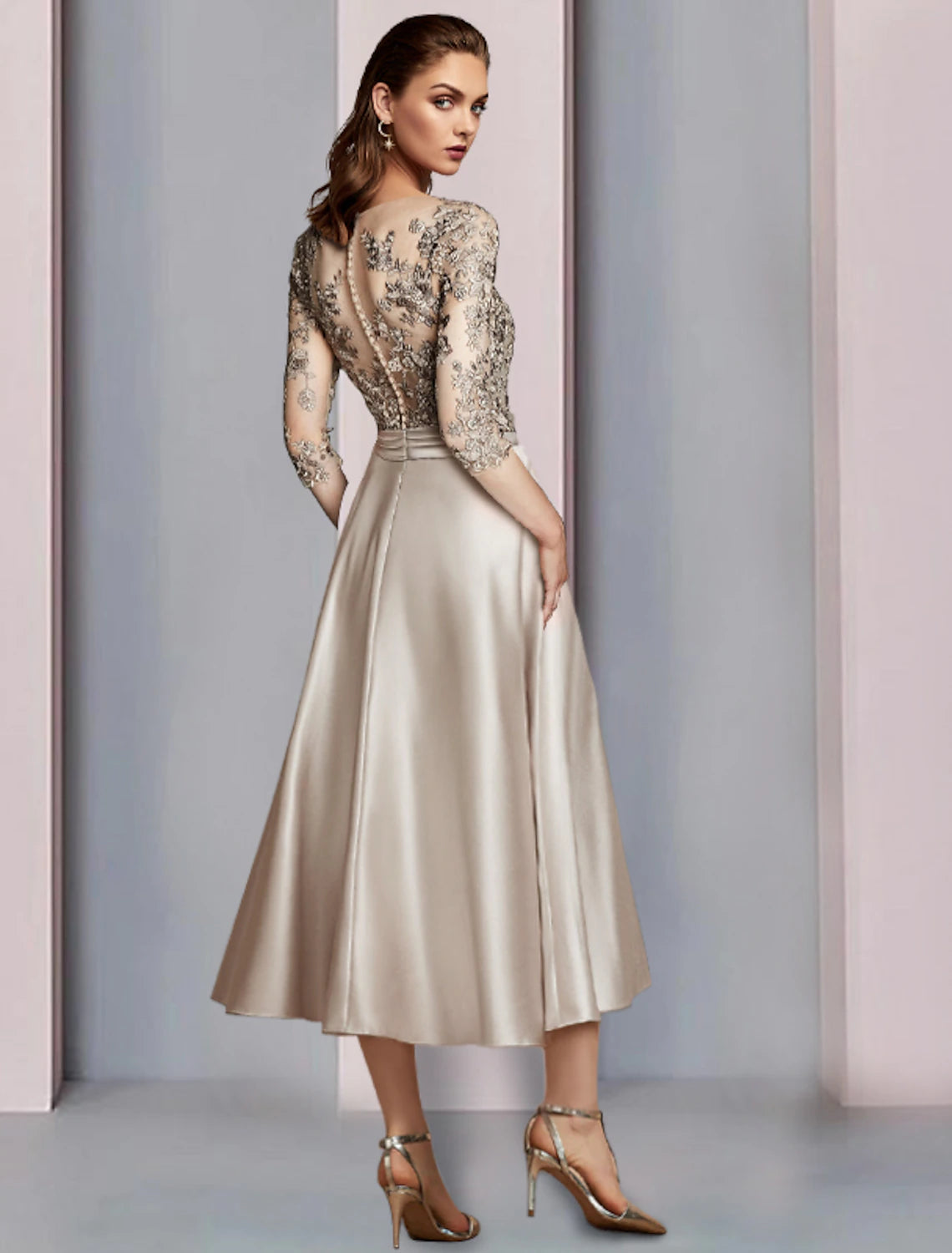 Champagne Satin A-Line Tea-Length Dress with Embroidered V-Neck Bodice