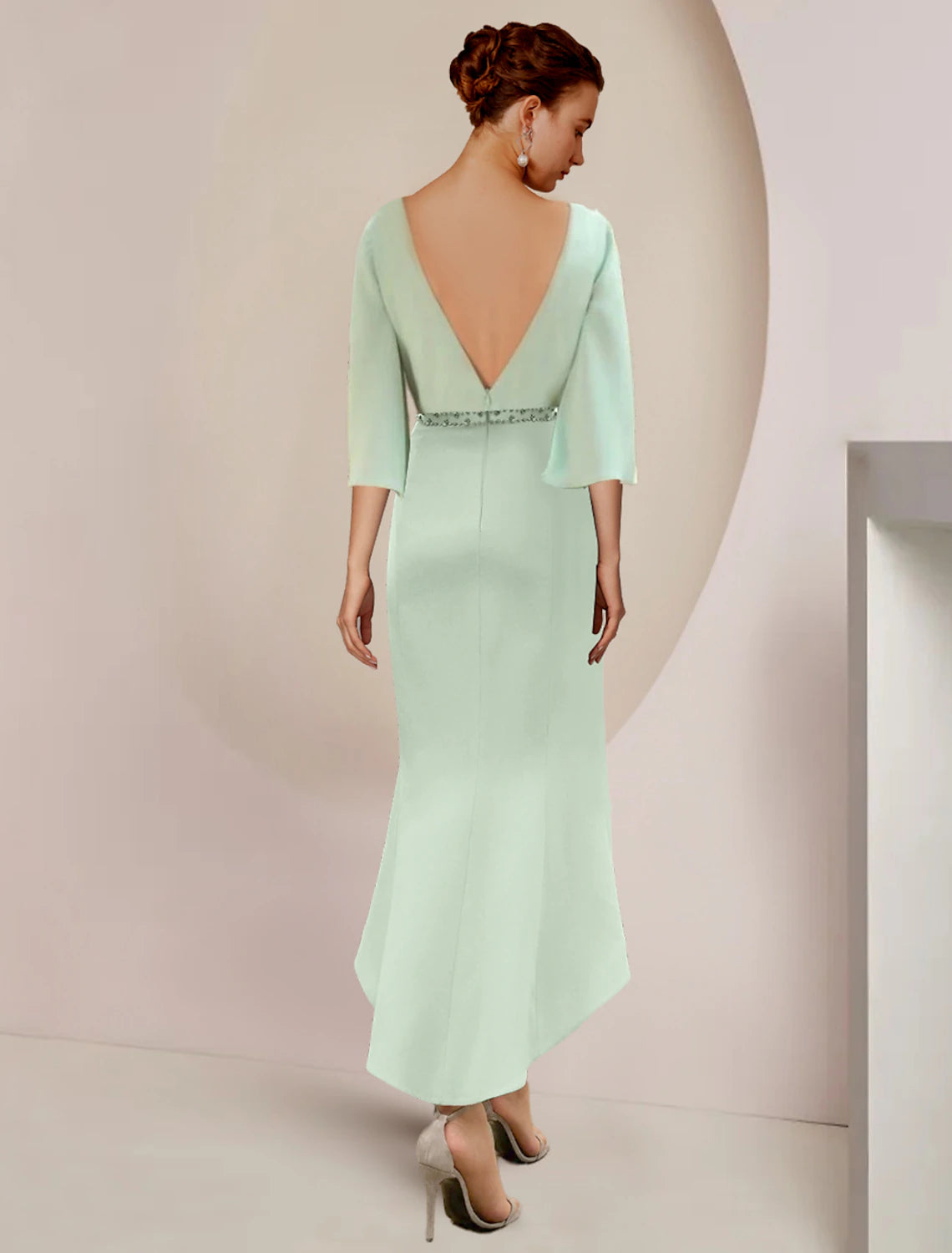 Mint Green Satin Mermaid Midi Dress with Boat Neck & Beaded Waist