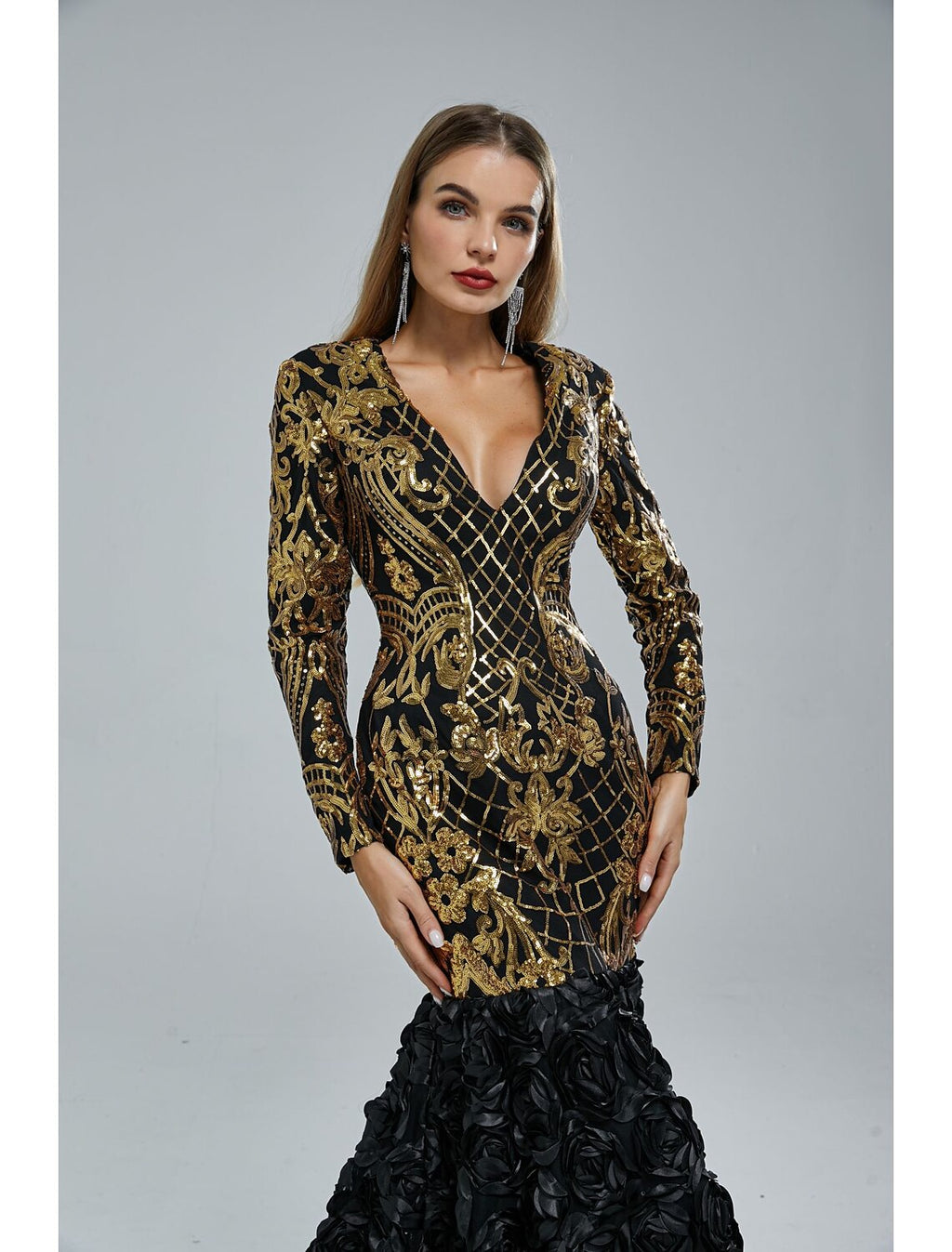 Black Sequin Mermaid V-Neck Floor-Length Evening Dress with Gold Bodice & 3D Floral Skirt