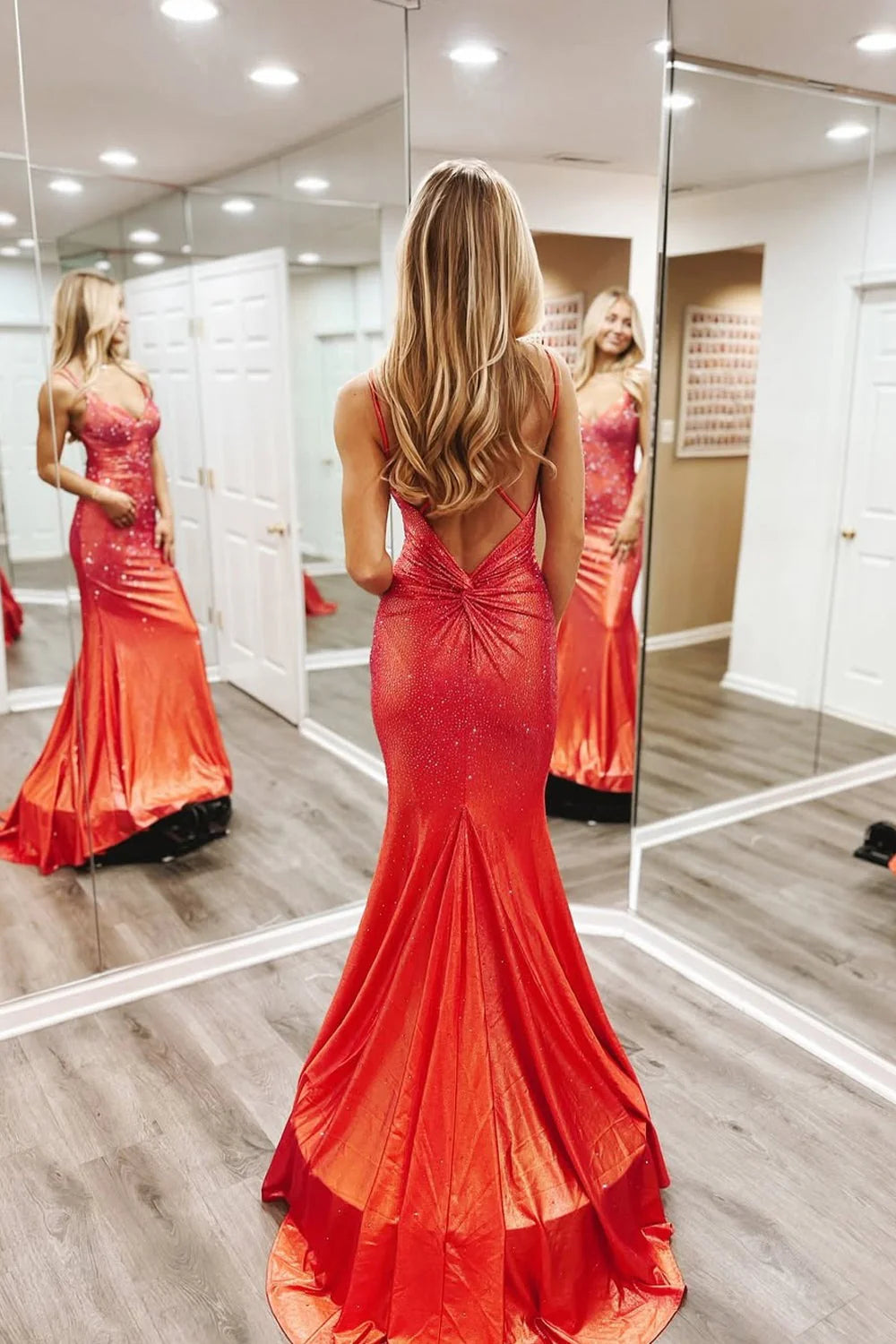 Coral Glitter Fabric Mermaid V-Neck Open Back Floor-Length Dress Back View - Jimiss