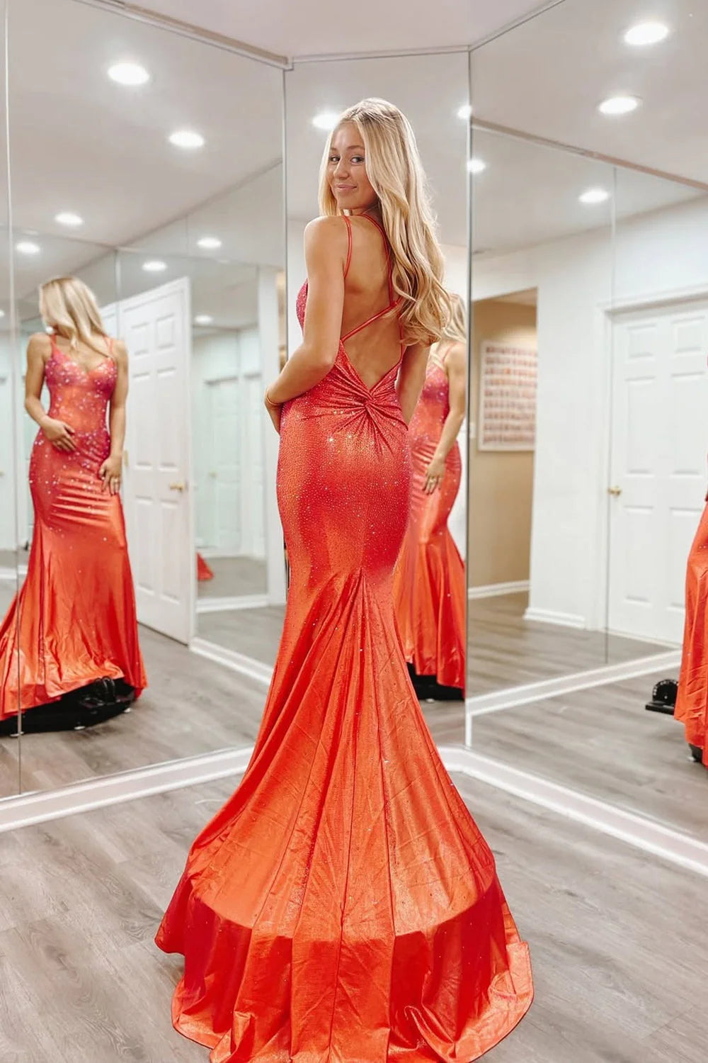 Coral Glitter Fabric Mermaid V-Neck Open Back Floor-Length Dress Back View - Jimiss