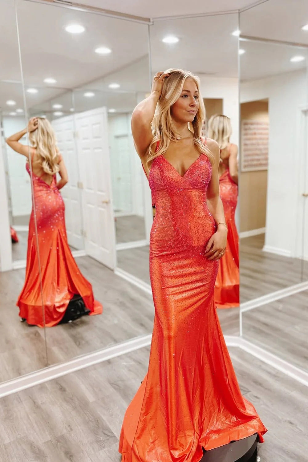 Coral Glitter Fabric Mermaid V-Neck Open Back Floor-Length Dress Front View - Jimiss