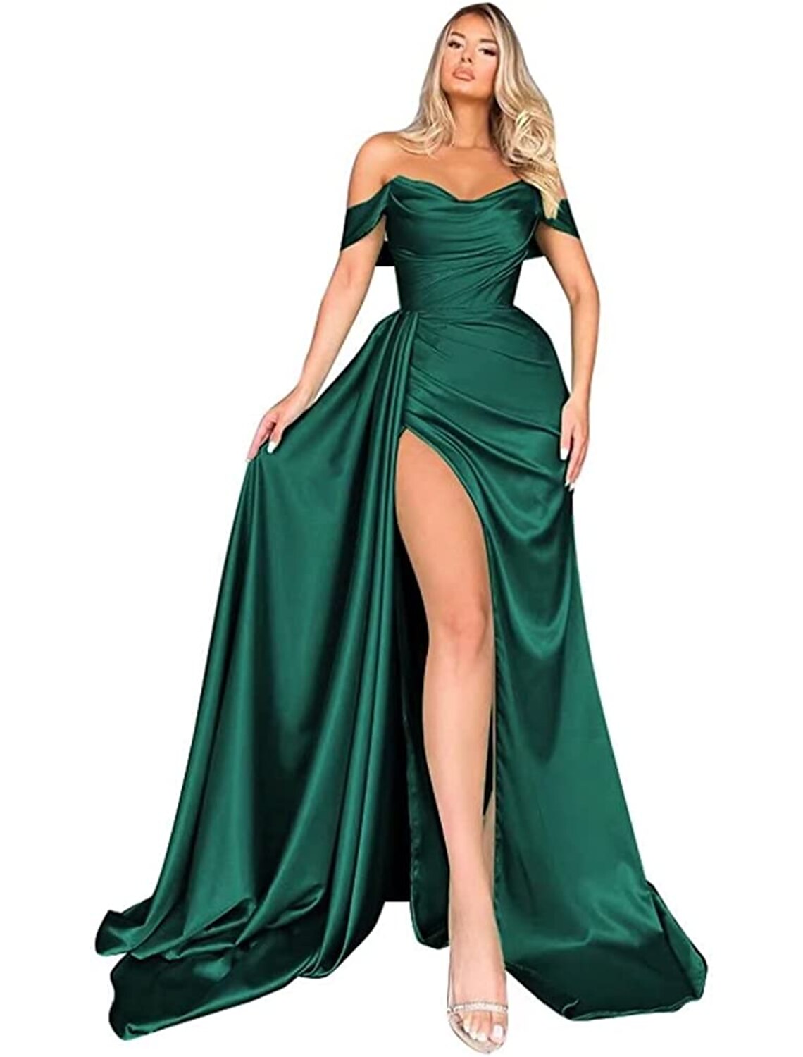 White Satin Off-the-Shoulder A-Line Floor-Length Dress with Draped Bodice & High Slit