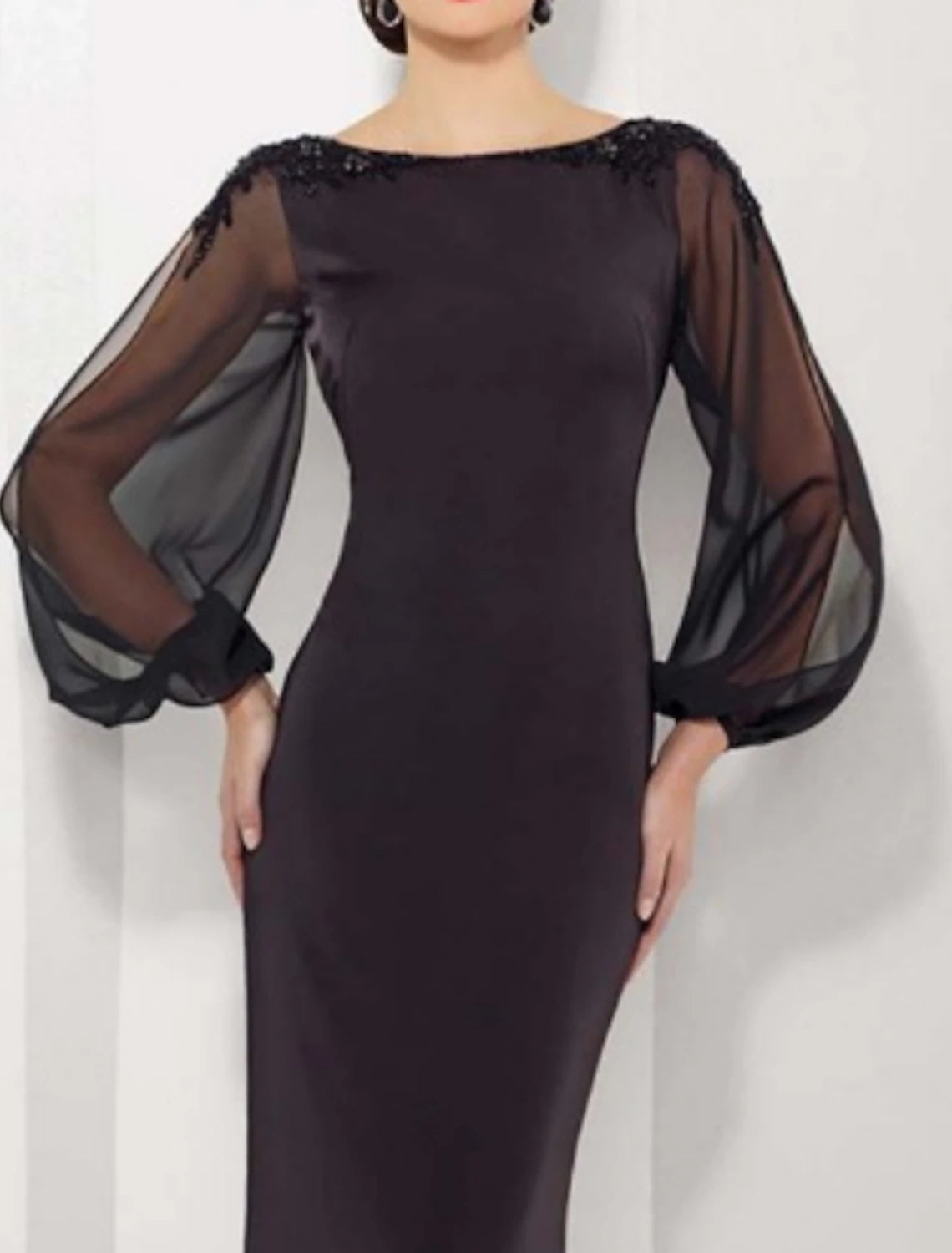 Black Satin Boat Neck Floor-Length Evening Dress with Beaded Shoulders