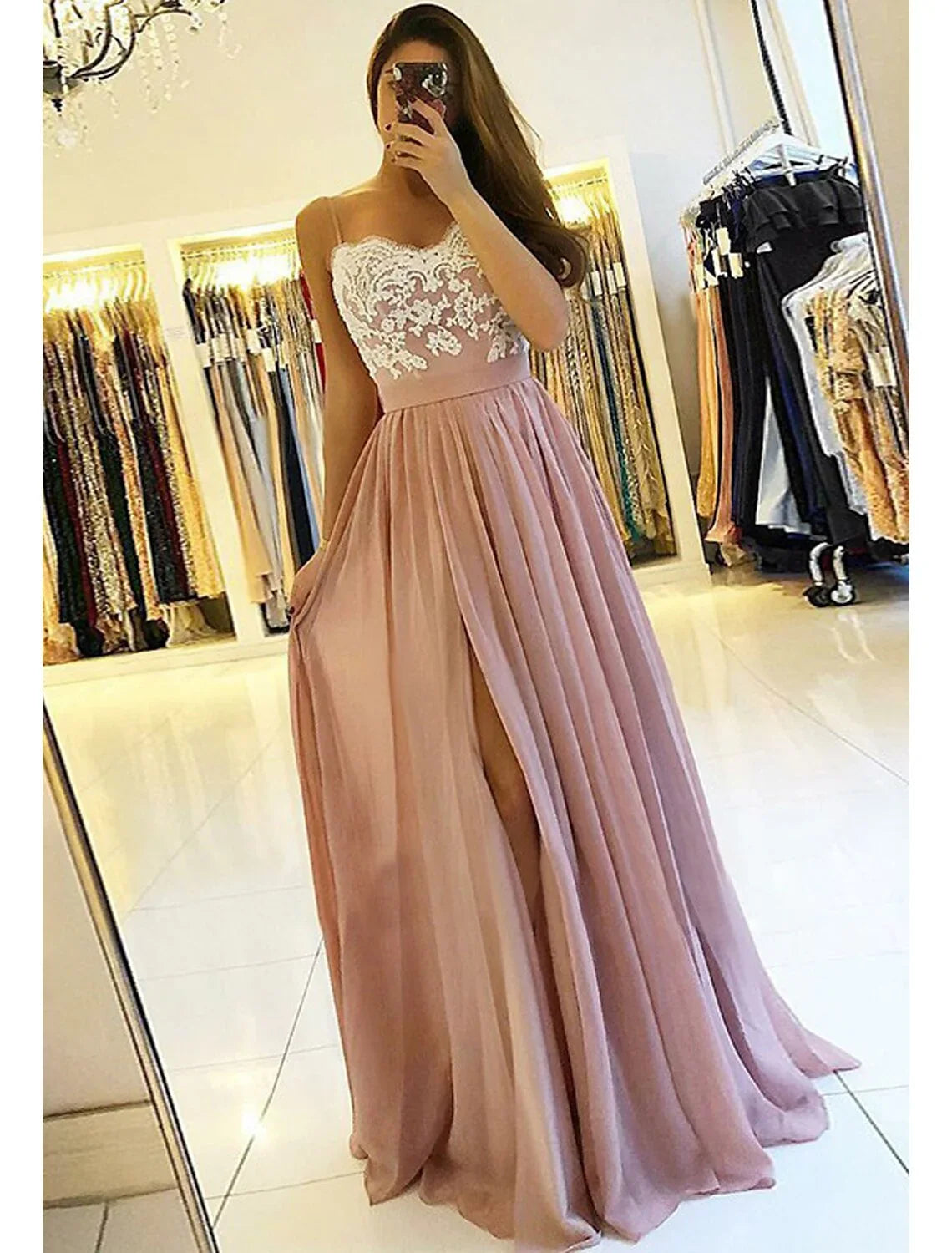 Dusty Rose Chiffon A-Line Floor-Length Bridesmaid Dress with Sweetheart Lace Bodice