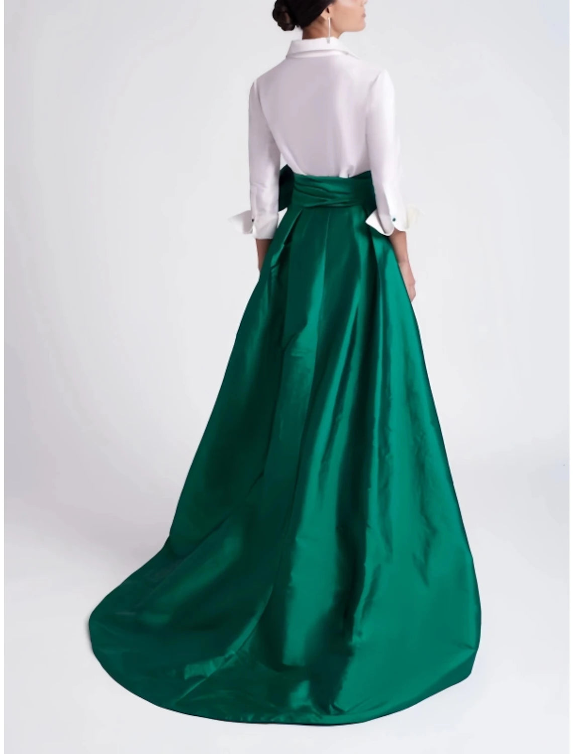Vestido de noche elegante de corte A en rojo y verde, vestido formal para invitados de boda, cola larga, mangas 3/4, cuello camisero, satén con lazo(s), abertura