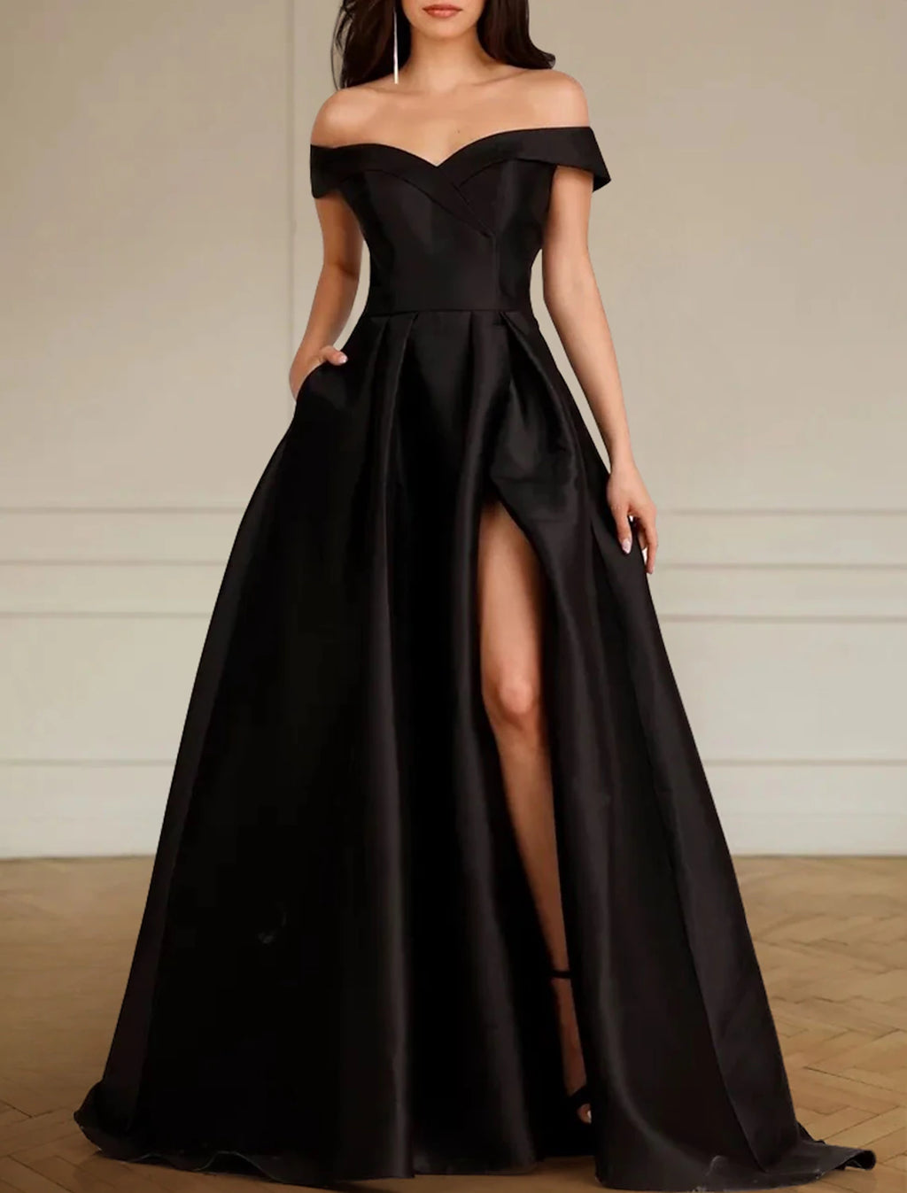 Black Satin Off-the-Shoulder A-Line Floor-Length Evening Dress