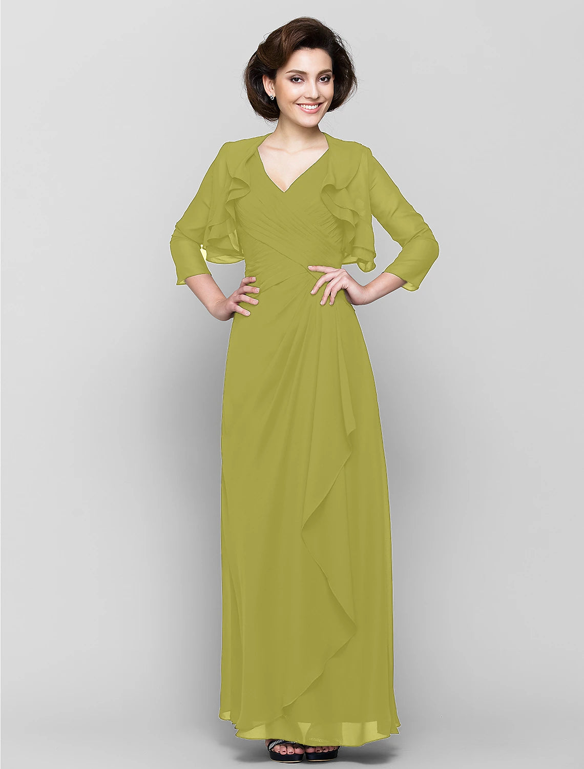 Abito da madre della sposa a tubino/colonna, abito convertibile, scollo a V, lunghezza pavimento, in chiffon, manica a 3/4 con volant a cascata incrociati