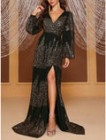 Vestido de noche elegante con corte en forma de columna, corte formal, cola larga, escote en V, poliéster, pliegues, abertura con lentejuelas