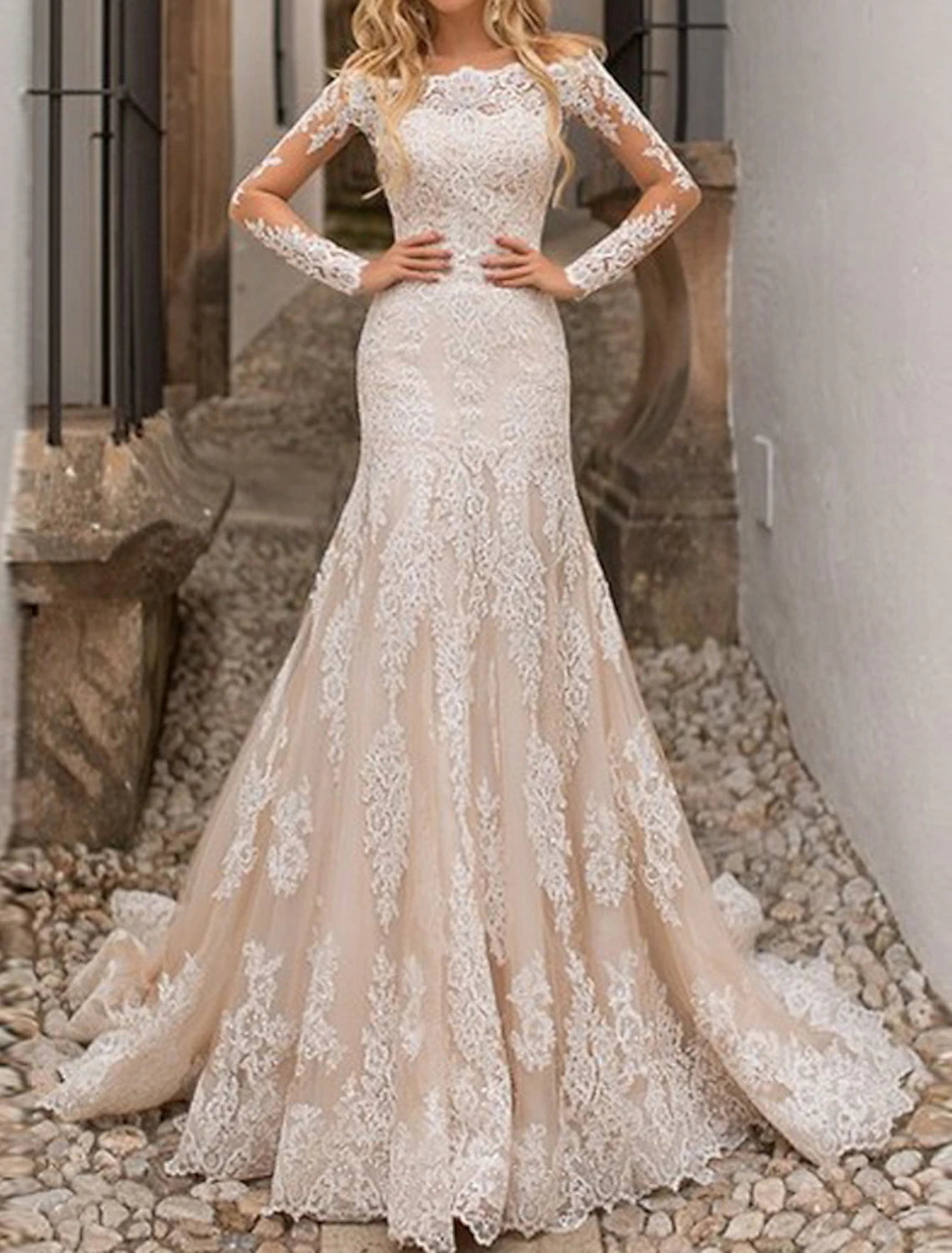 Vestidos de novia formales de compromiso, corte sirena/trompeta, hombros descubiertos, manga larga, cola larga, encaje, con pliegues y apliques