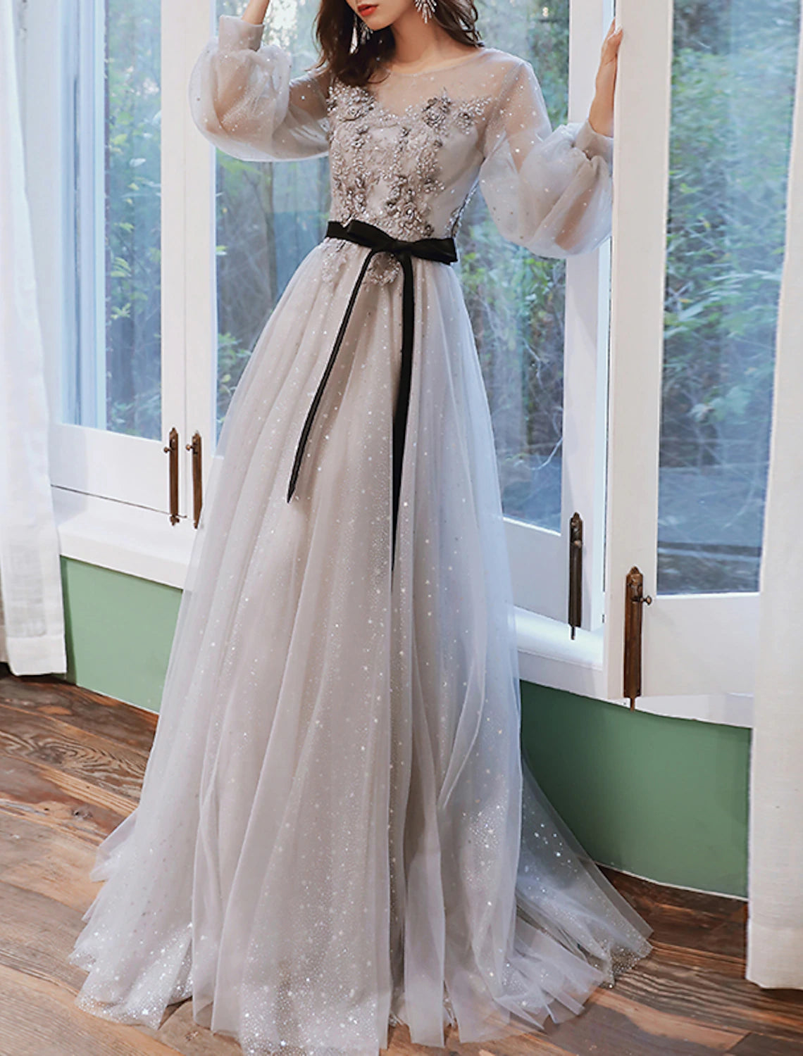 Abiti da ballo a trapezio, abiti floreali, per invitati a nozze, fidanzamento, strascico a ruota, maniche lunghe, scollo gioiello, tulle con applicazioni