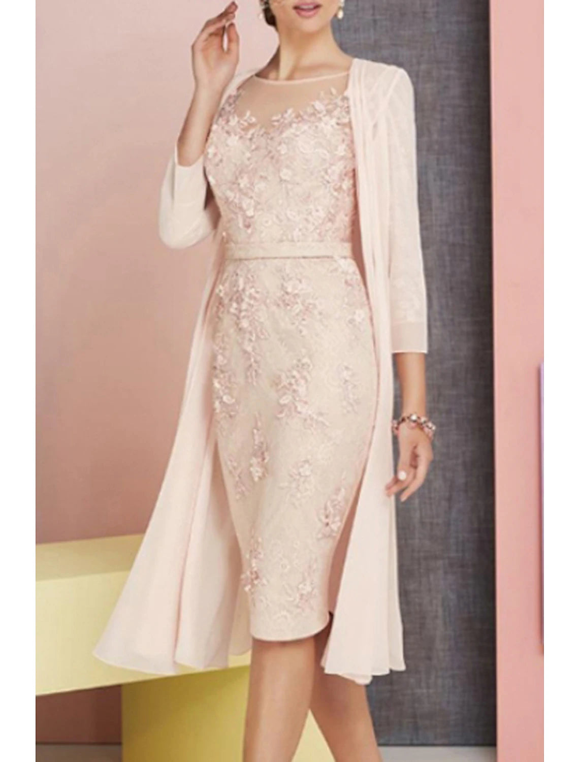 Abito da cerimonia per la madre della sposa, in due pezzi, con scollo a barchetta, lunghezza al ginocchio, in chiffon, pizzo, maniche a 3/4, per invitati al matrimonio, in chiesa, elegante, vintage, taglie forti, con applicazioni