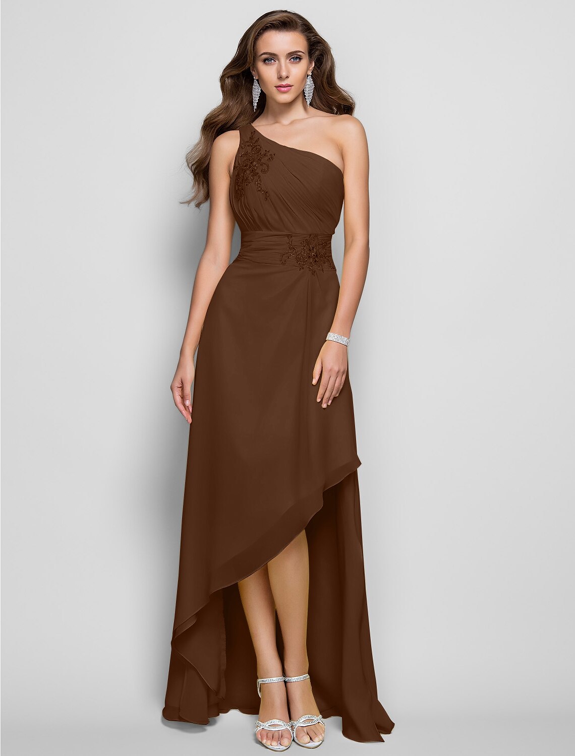 Abito elegante a tubino/colonna per invitati a matrimoni, cocktail party, asimmetrico, senza maniche, monospalla, in chiffon con applicazioni di perline e spacchi