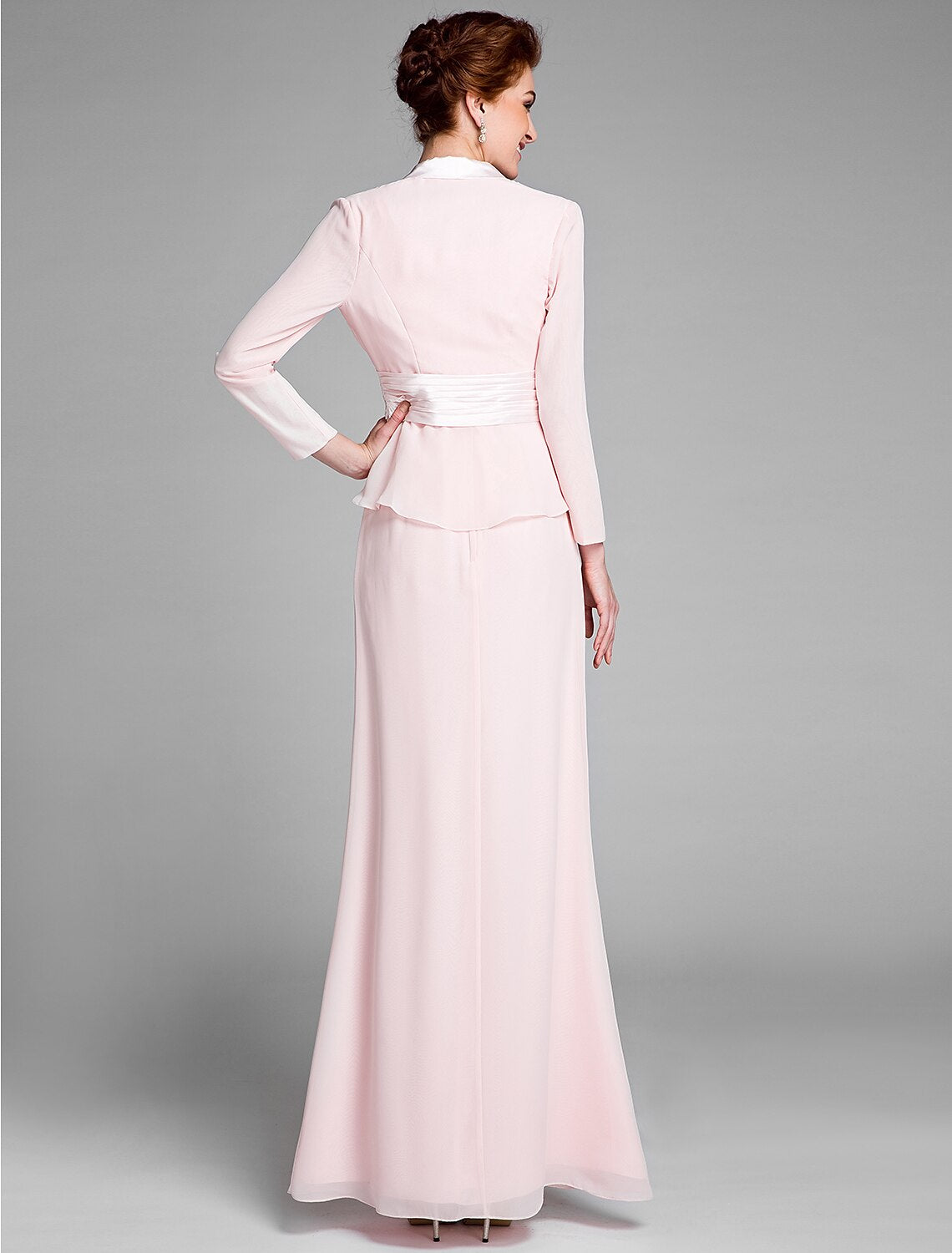 Vestido de sirena/trompeta para madre de la novia, convertible, escote redondo, largo hasta el suelo, gasa, manga larga, cruzado, incluido con faja/cinta