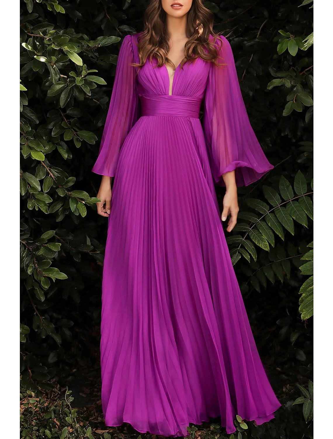 Teal Chiffon A-Line Plunging V-Neck Floor-Length Gown