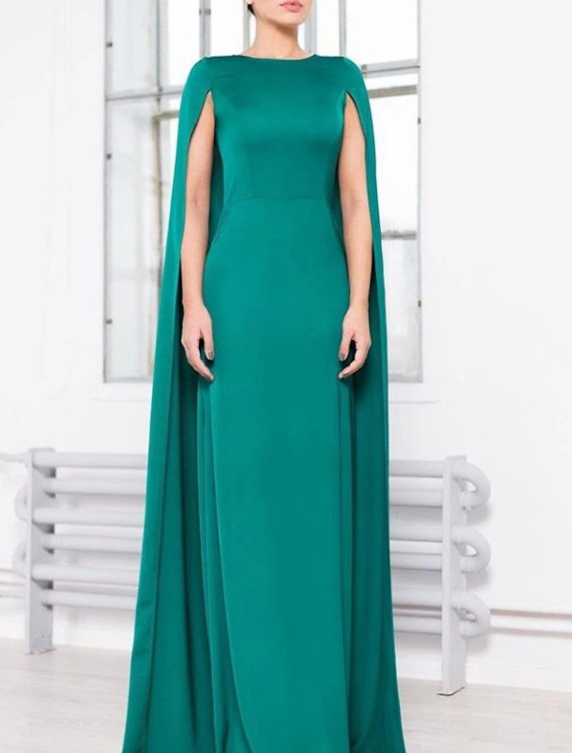 Abito da sera a trapezio, elegante, da invitare a nozze, lungo fino al pavimento, senza maniche, con scollo gioiello, mantelle in chiffon con scialle