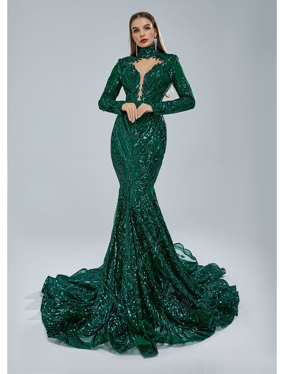 Mermaid Party Dress Evening Gown Sparkle & Shine Dress Carnival Christmas Red Green Dress Court Train Long Sleeve Stand Collar Lace with Sequin