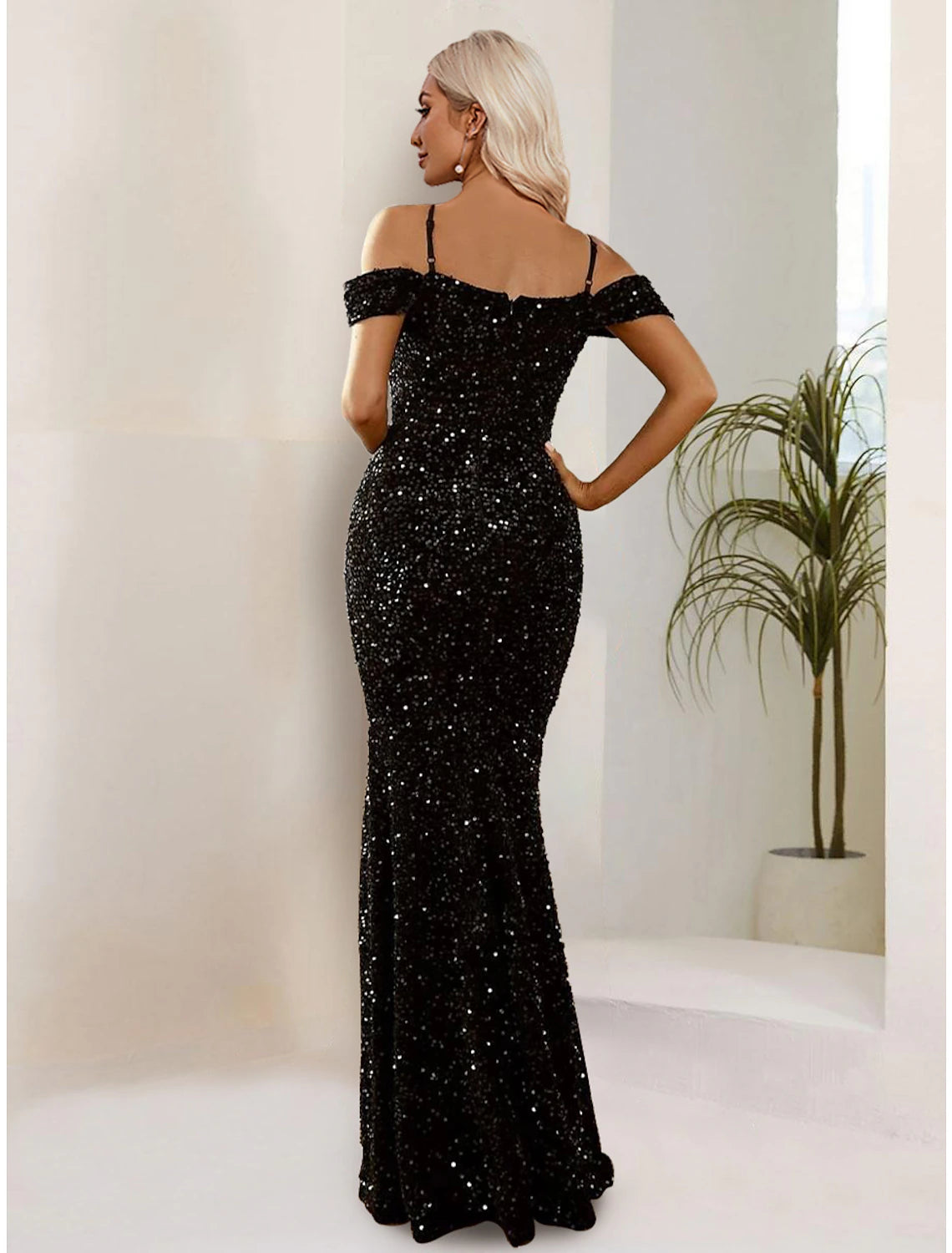 Black Sequin Mermaid Off-the-Shoulder V-Neck Floor-Length Dress