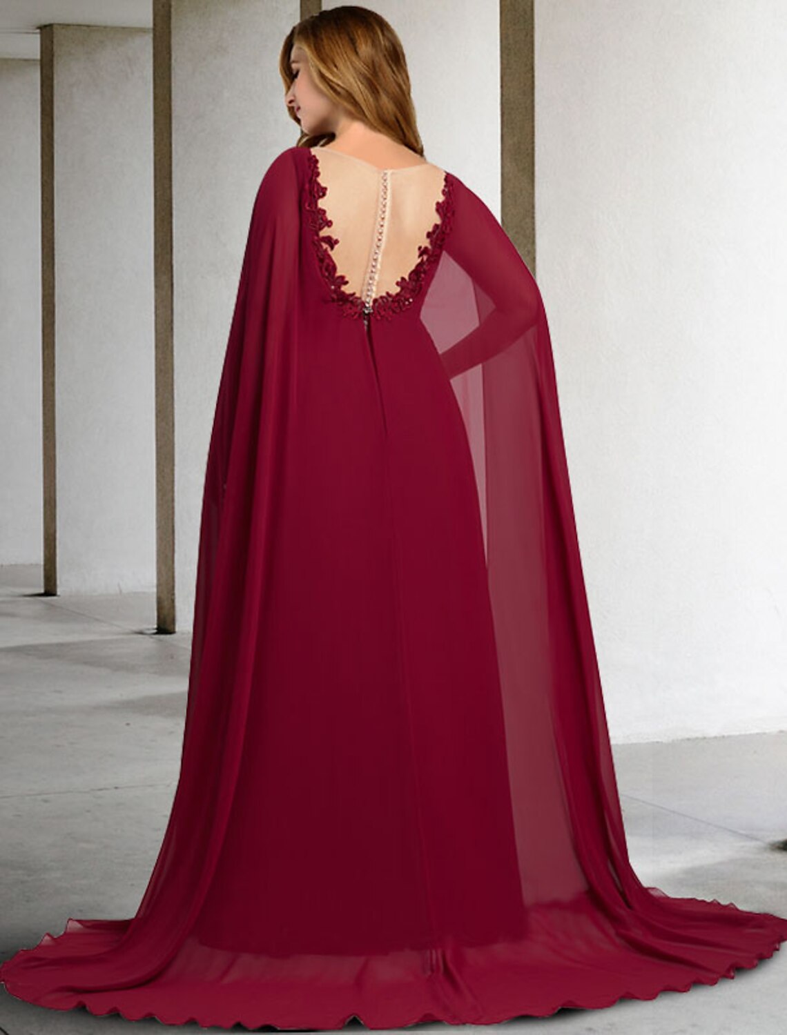 Abito da madre della sposa a trapezio, taglie forti, con pancia nascosta, elegante, scollo a V, strascico a ruota, in chiffon, pizzo, senza maniche, maniche corte, senza pieghe, applicazioni di perline