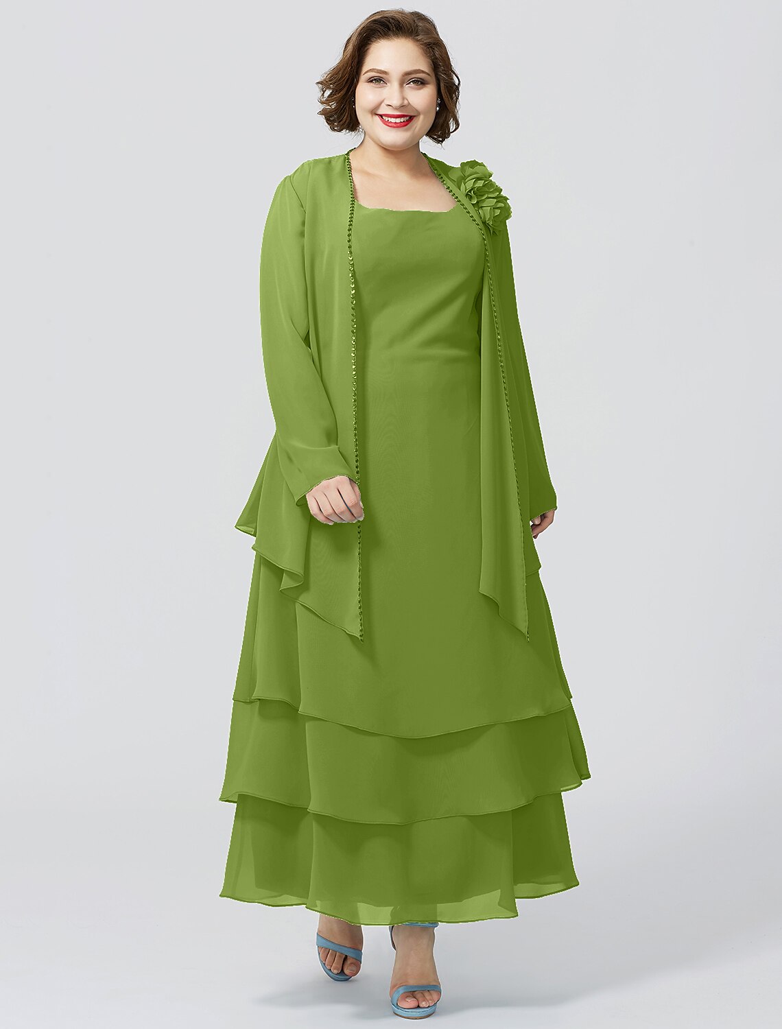 Abito da madre della sposa a trapezio, elegante, taglie forti, con scollo a barchetta, lunghezza alla caviglia, in chiffon, senza maniche, con pizzo