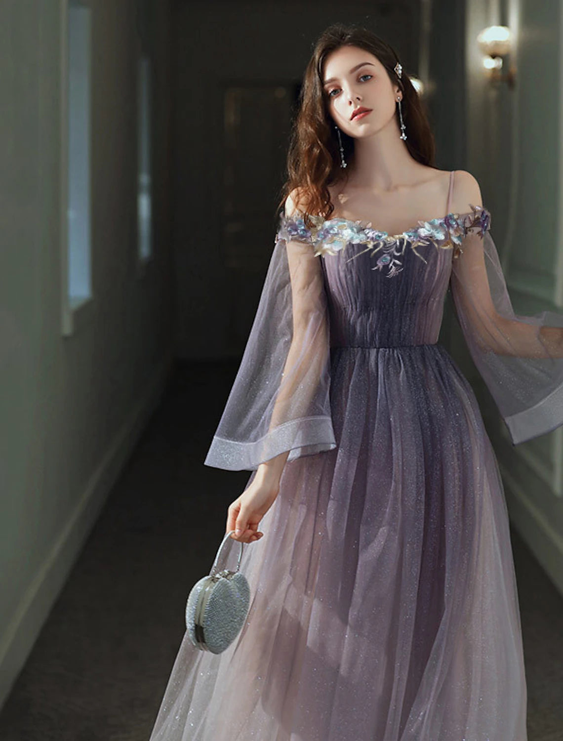 Lavender Off-the-Shoulder A-Line Floor-Length Evening Dress with Ombre Glitter Skirt