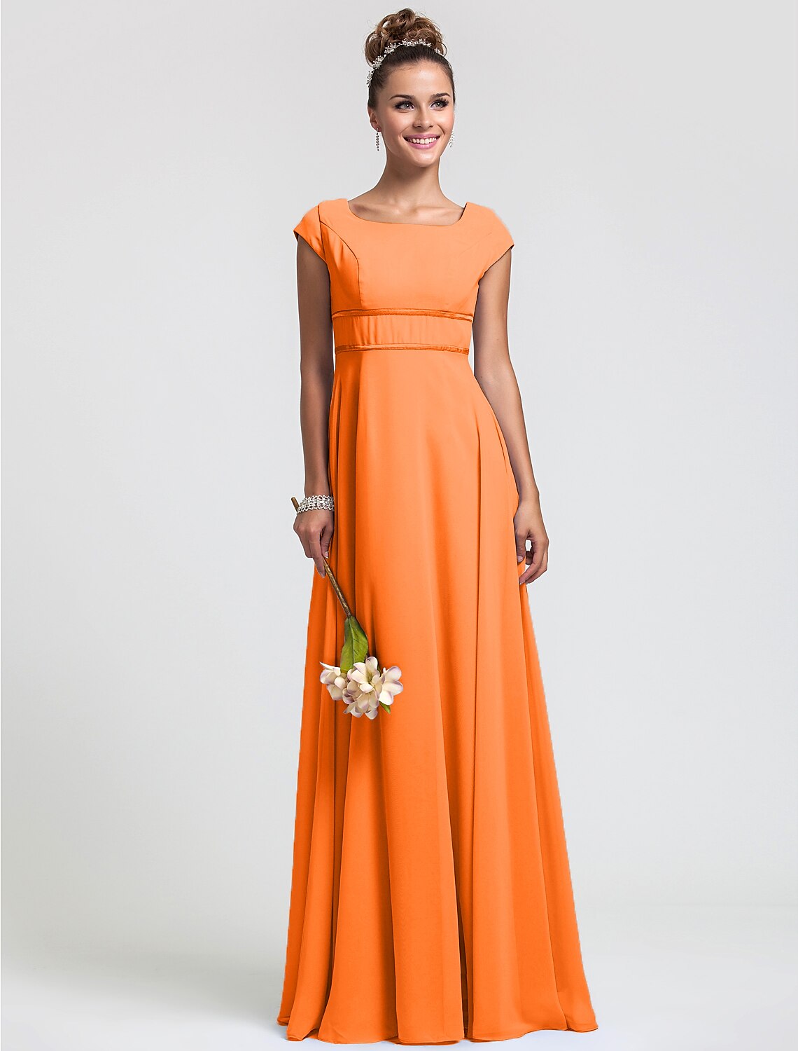 Orange Chiffon A-Line Floor-Length Bridesmaid Dress with Square Neck & Cap Sleeves