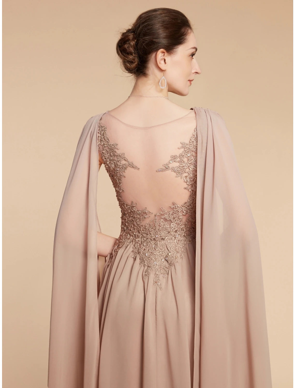 Abito da cerimonia per la madre della sposa, a trapezio, elegante, con scollo a V, lunghezza alla caviglia, in chiffon, pizzo, senza maniche, con arricciature, tinta unita