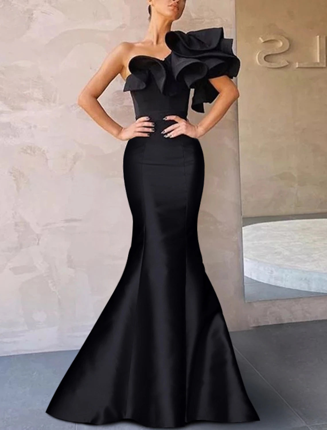 Mermaid Black Dress Christmas Red Green Dress Evening Gown Corsets Dress Christmas Red Green Dress Formal Wedding Guest Floor Length Sleeveless One Shoulder Taffeta with Ruffles Shouder Flower 2025