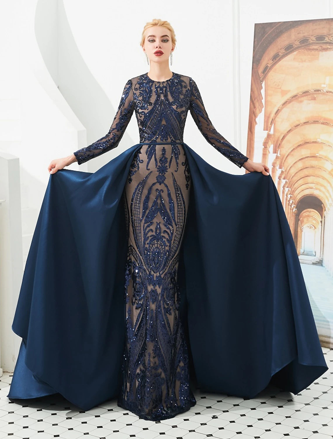 Vestido de fiesta de sirena, vestido de noche, vestido lujoso, vestido de carnaval, boda, invitado, cola de corte, manga larga, cuello joya, falda de satén desmontable con lentejuelas, estampado/estampado