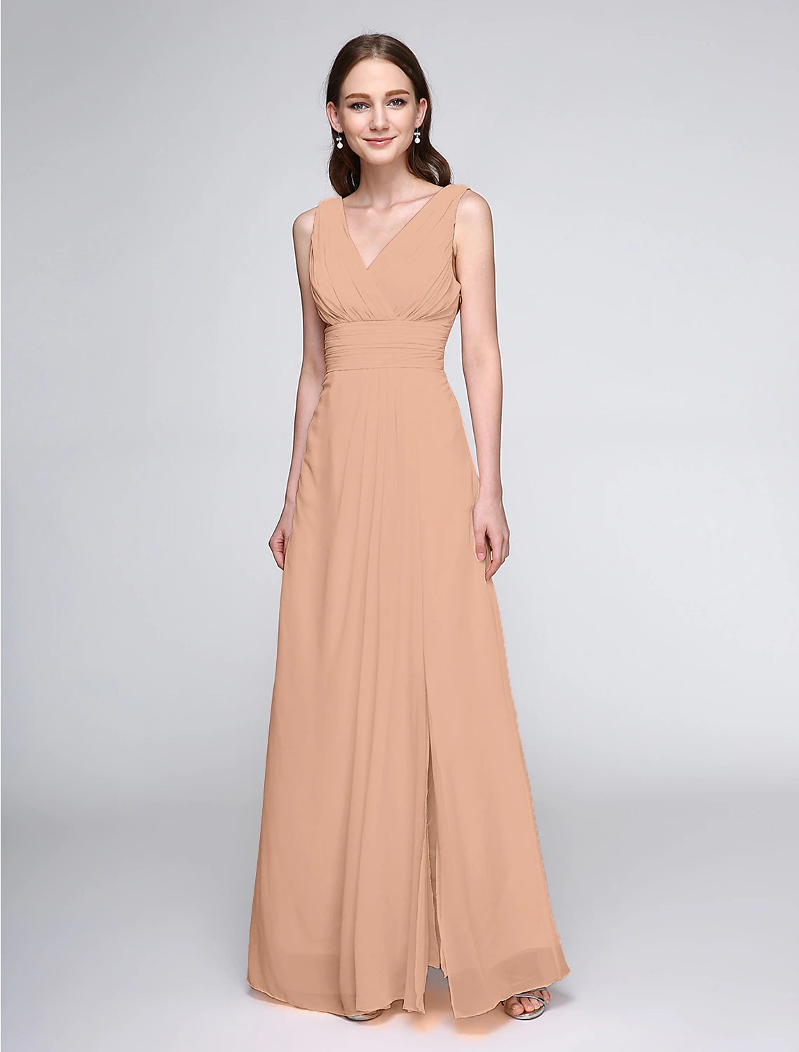 Abito da damigella d'onore a tubino/colonna, scollo a V, senza maniche, elegante, lunghezza pavimento, in chiffon con incrocio/arricciatura