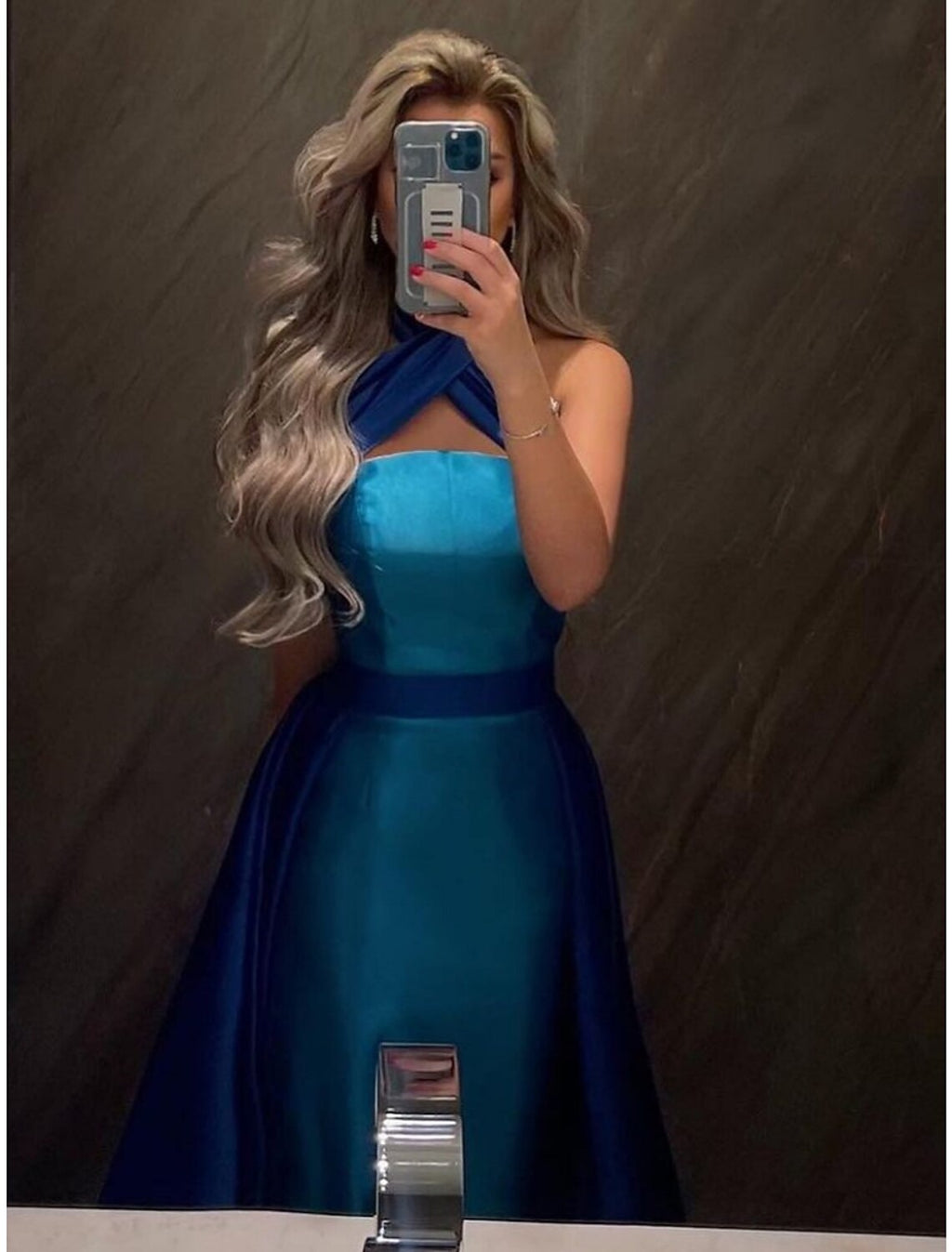 Royal Blue Satin A-Line Floor-Length Evening Dress with Halter Neckline & Backless Design