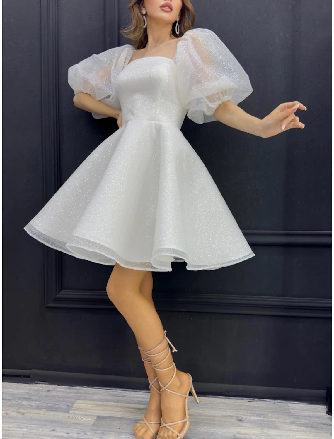 Abiti da ballo a trapezio, abito scintillante, corto/mini, mezza manica, scollo quadrato, paillettes con pieghe glitterate