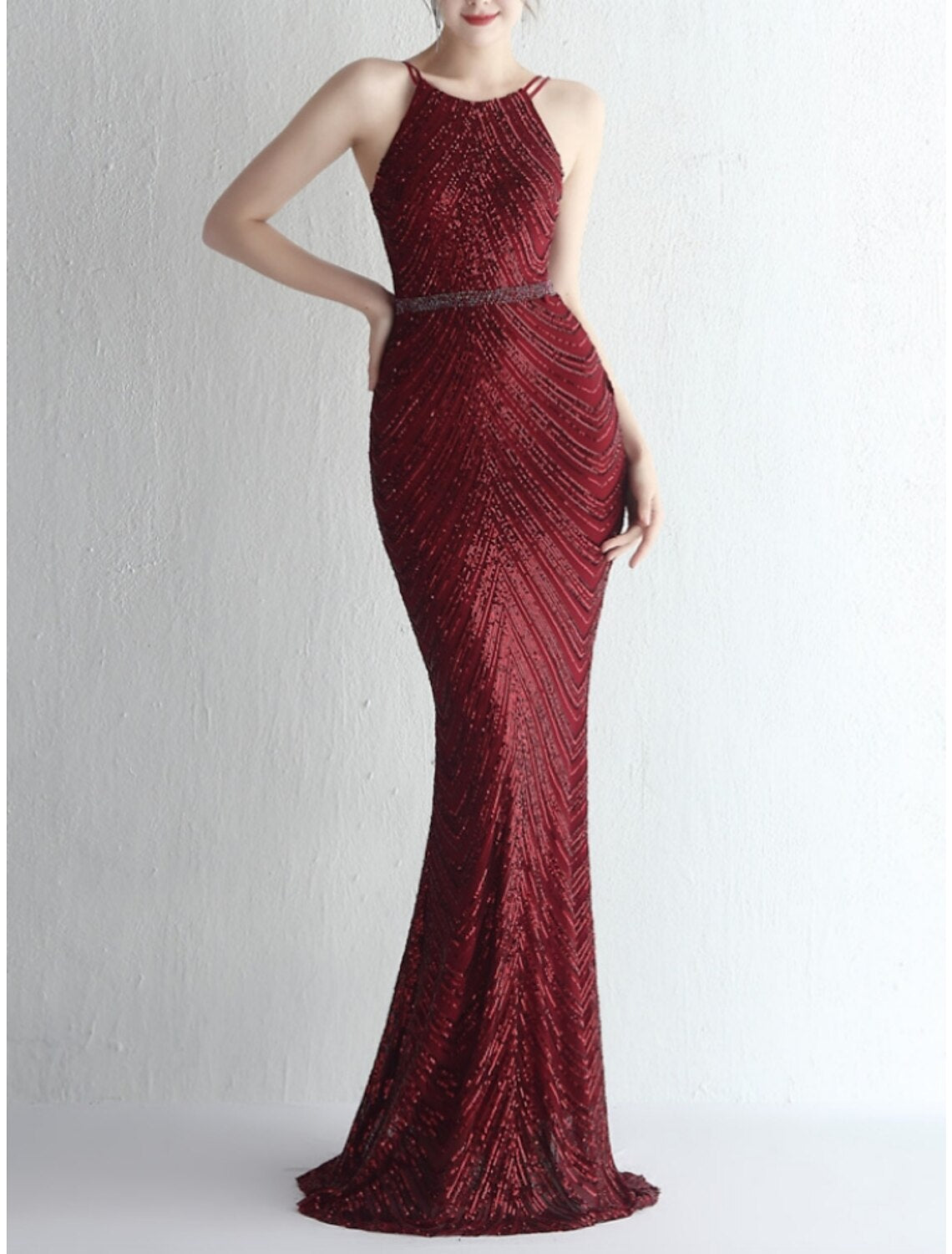 Mermaid / Trumpet Evening Gown Elegant Dress Formal Sweep / Brush Train Sleeveless Spaghetti Strap Chiffon with Glitter Pleats