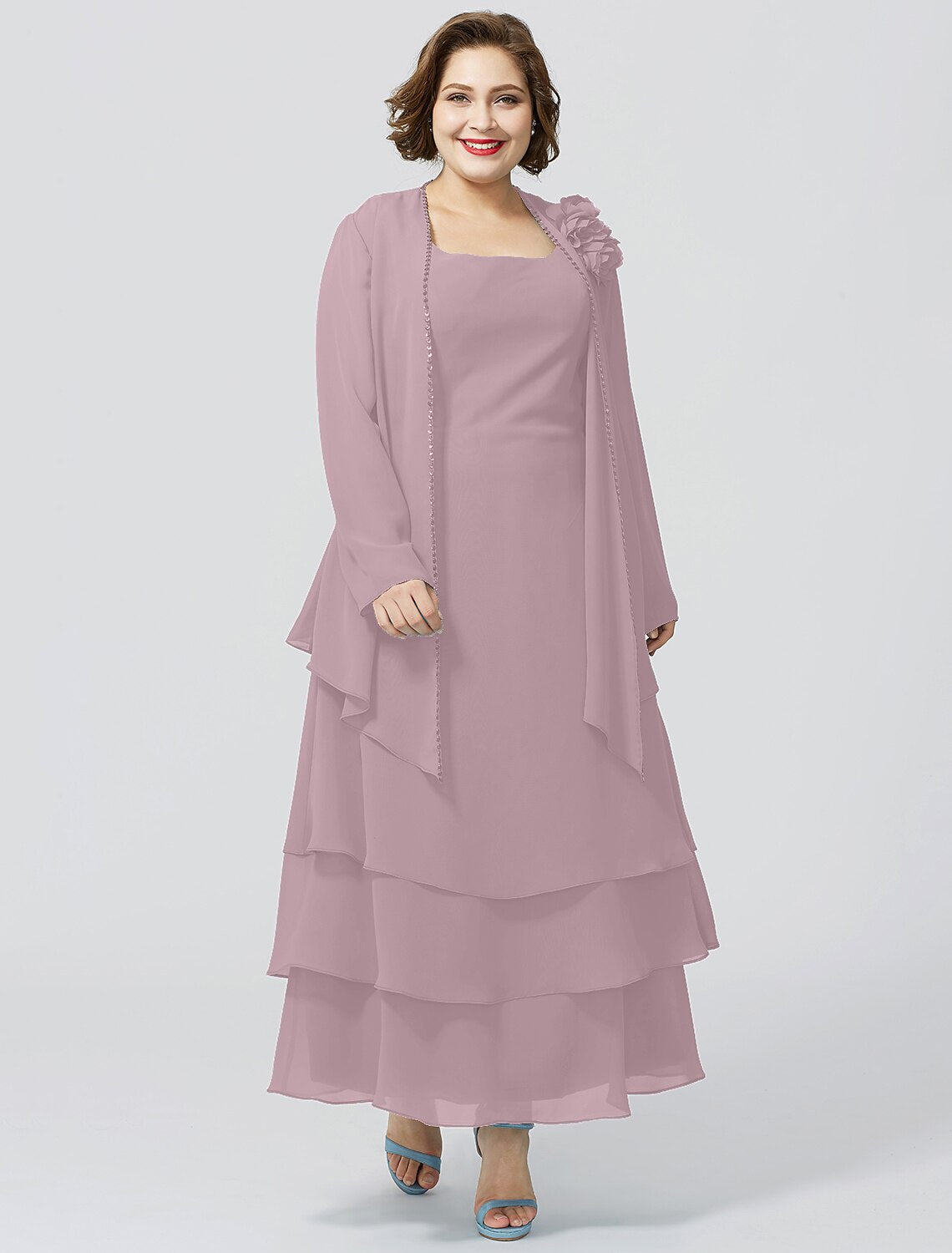 Abito da madre della sposa a trapezio, elegante, taglie forti, con scollo a barchetta, lunghezza alla caviglia, in chiffon, senza maniche, con pizzo