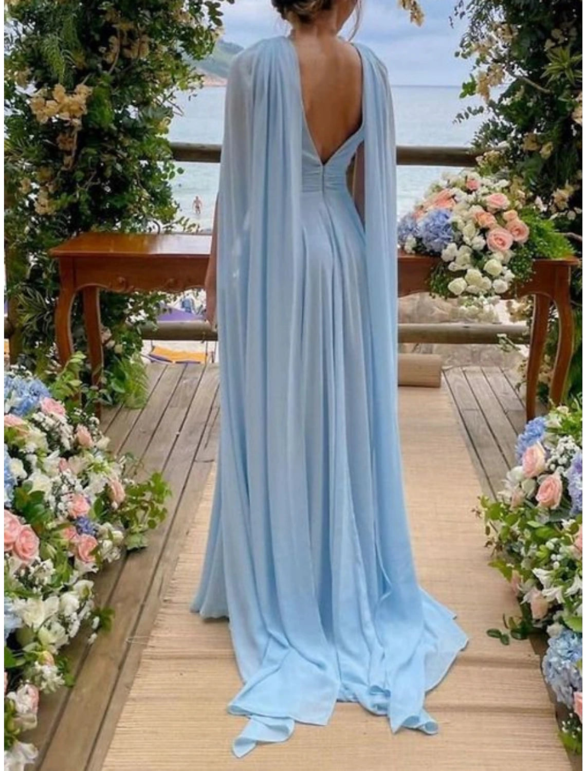Sky Blue Chiffon A-Line Floor-Length Bridesmaid Dress with V-Neck & Cape Sleeves
