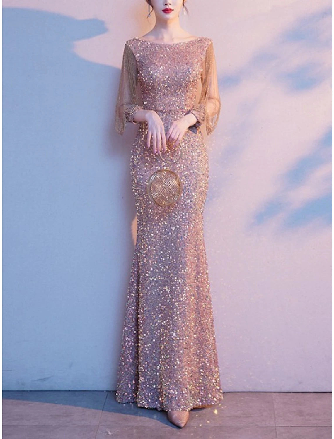 Blushing Pink Sequin Sheath/column Floor-Length Evening Dress with Boat Neck and Sheer 3/4 Sleeves