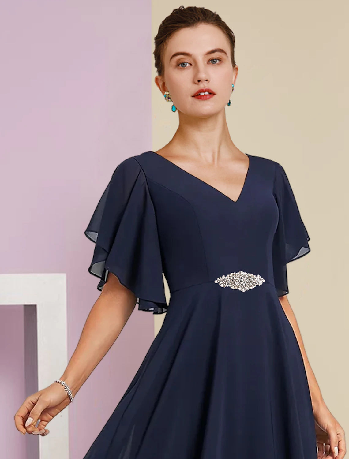 Dark Navy Chiffon A-Line V-Neck Tea-Length Evening Dress with Flutter Sleeves