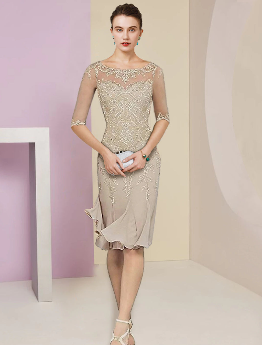 Champagne Chiffon Sheath/Column Knee-Length Dress with Illusion Neck & Draped Jacket