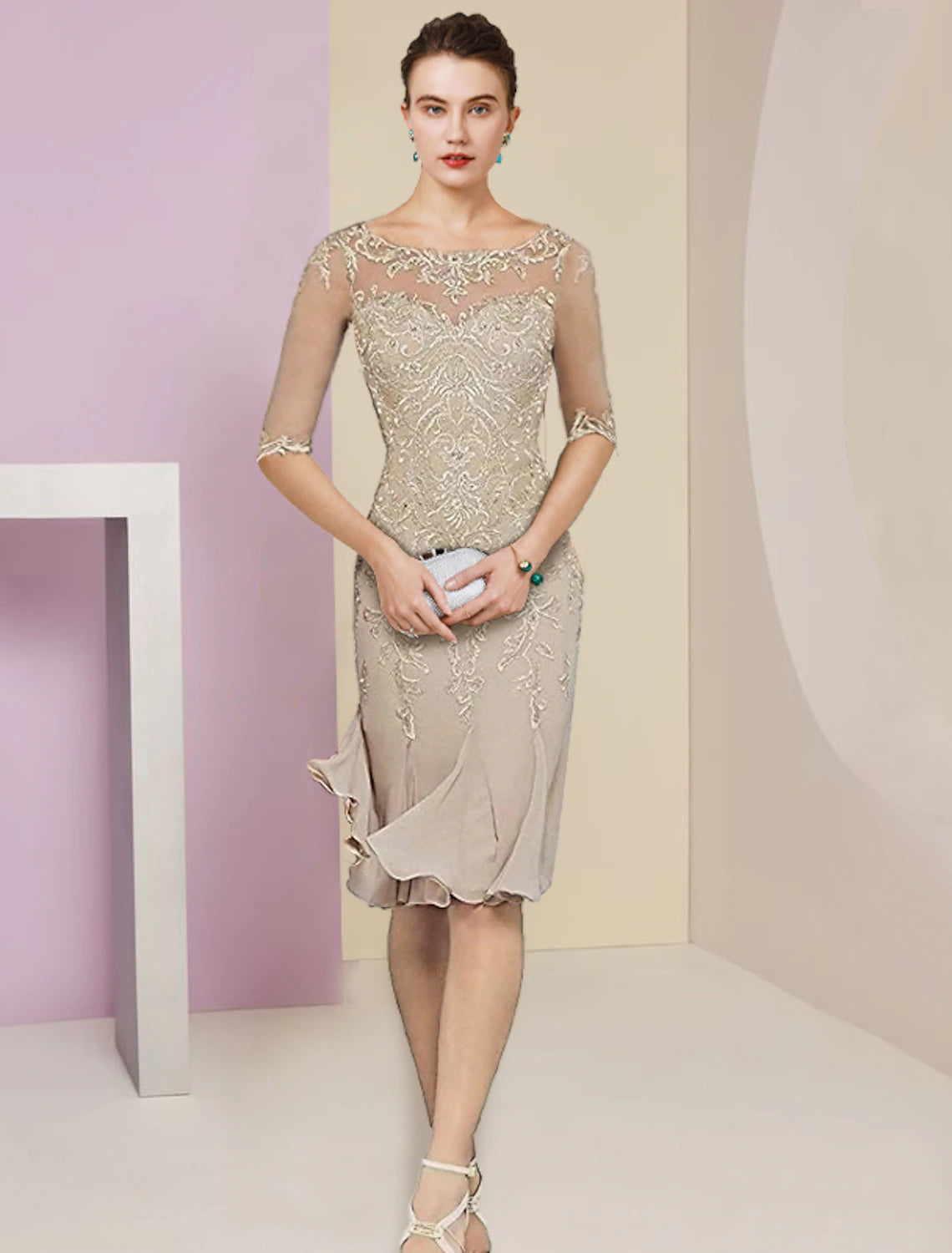 Champagne Chiffon Sheath/Column Knee-Length Dress with Illusion Neck & Draped Jacket