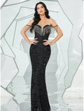 Black Sequin Mermaid Floor-Length Sweetheart Dress with Fringe