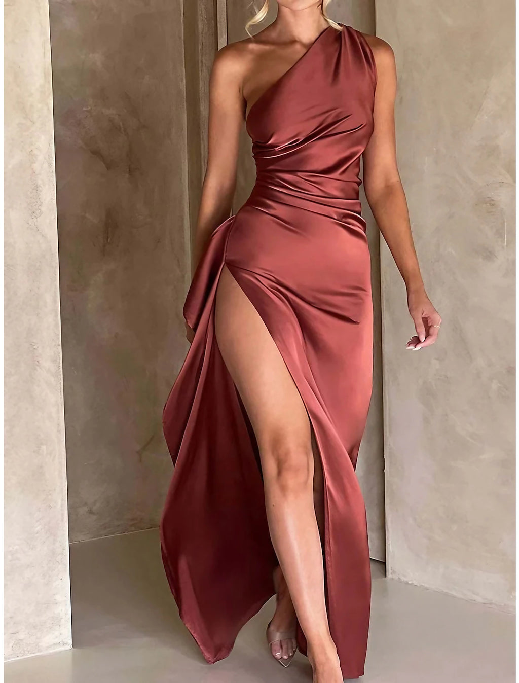 Rust Satin Sheath/column Floor-Length Evening Dress with One Shoulder & Back Zip
