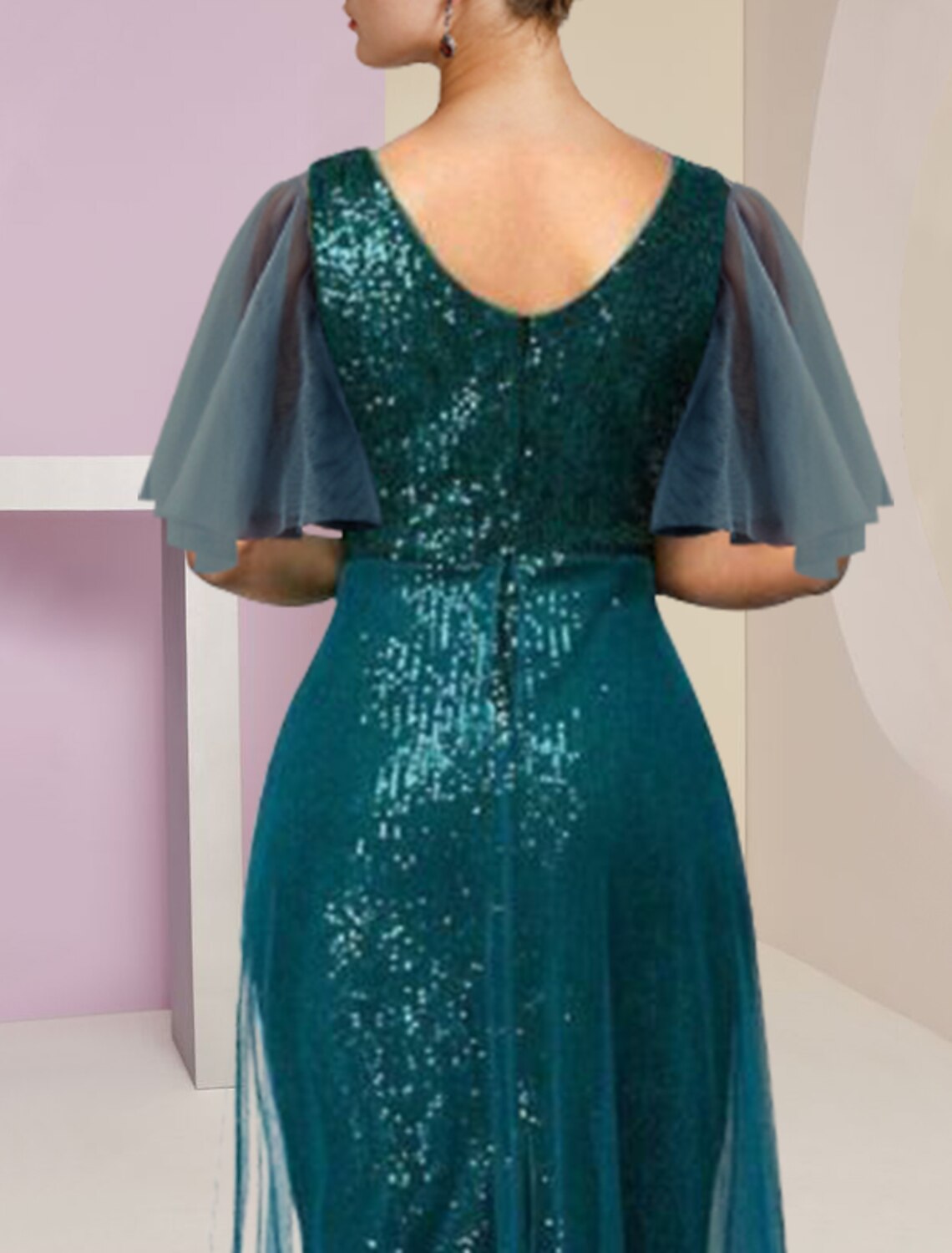 Vestido de madre de la novia con corte tubo/columna, elegante, con brillo y brillo, escote en V alto y bajo, largo hasta la rodilla, de gasa con lentejuelas, manga corta y pliegues.
