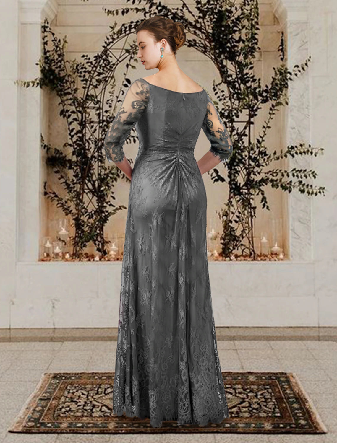 Grey Lace Sheath/column Floor-Length Dress