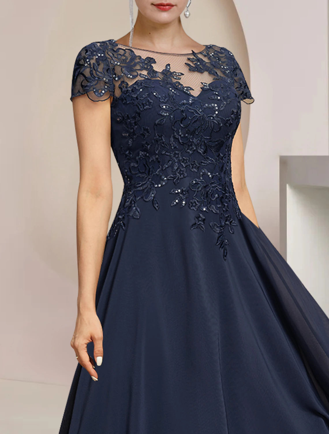 Dark Navy Chiffon A-Line Asymmetrical Evening Dress with Lace Bodice