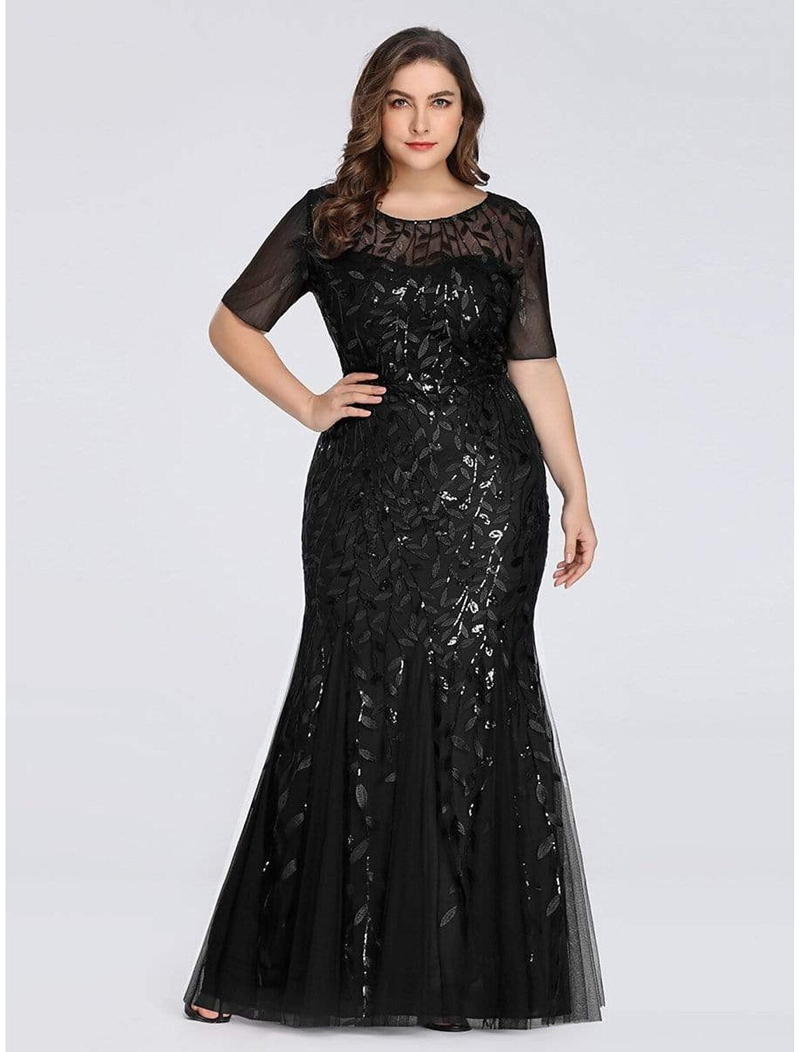 Vestido de noche elegante estilo imperio de sirena/trompeta para fiesta, formal, cuello joya, manga corta, largo hasta el suelo, de tul con bordado/manga ilusión.