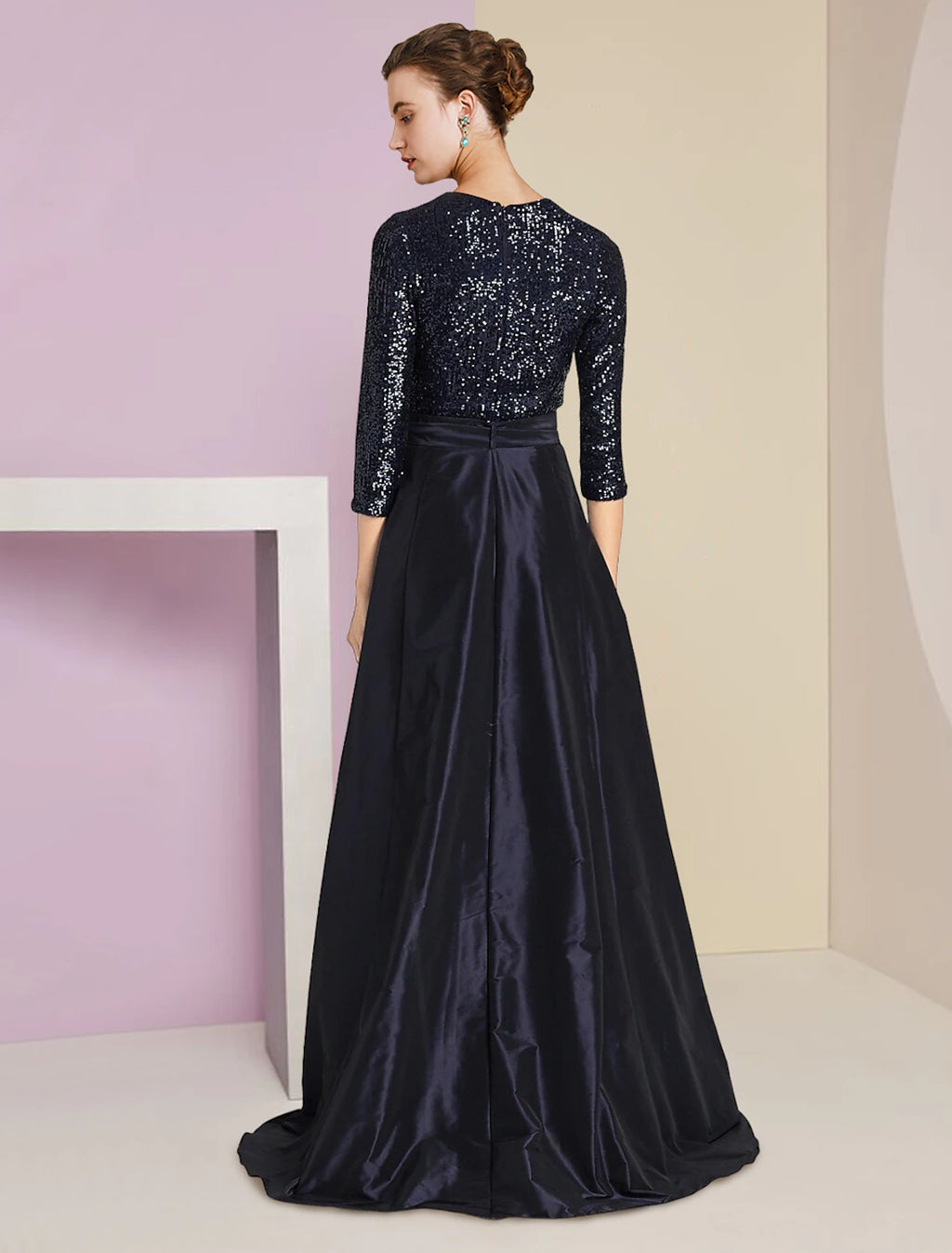 Vestido de dos piezas para madre de la novia, estilo tubo/columna, para invitada de boda formal, con brillo y brillo, elegante, escote redondo, largo hasta el suelo, tafetán desmontable con lentejuelas, manga 3/4 con lazo(s).