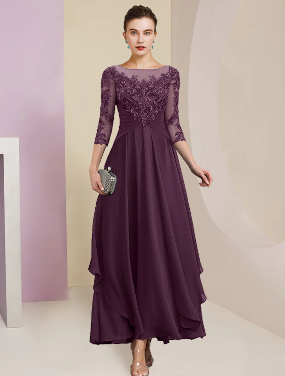 Abito da cerimonia per la madre della sposa, a tubino, semplice ed elegante, con scollo a gioiello, lunghezza alla caviglia, in chiffon, pizzo, manica a 3/4 con pieghe e paillettes