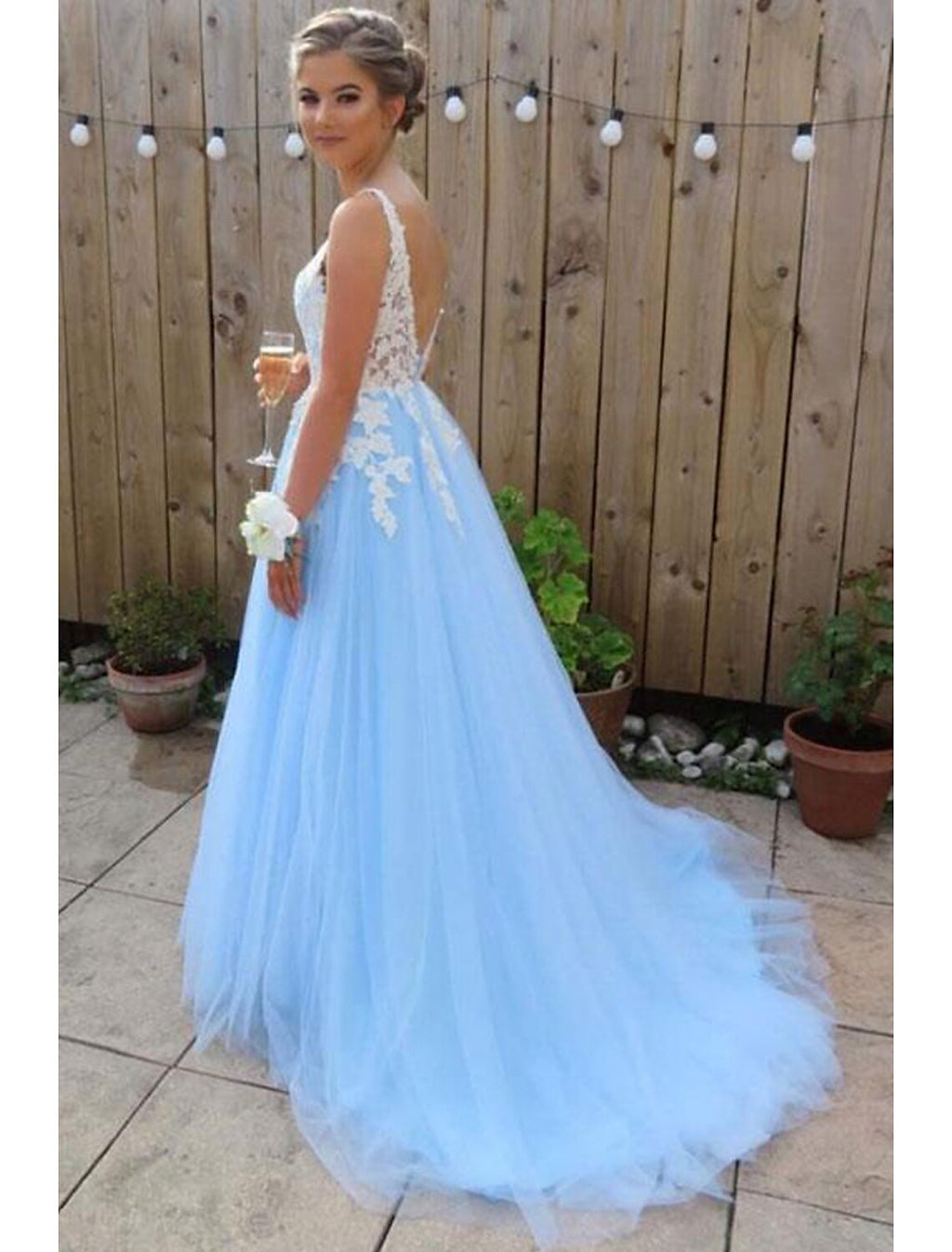 Sky Blue Lace A-Line Floor-Length Evening Dress