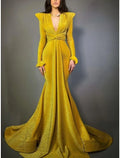 Vestido de noche elegante de corte A, formal, con cola, navideño, manga larga, escote en V, tejido de lurex con brillo, pliegues fruncidos, 2025